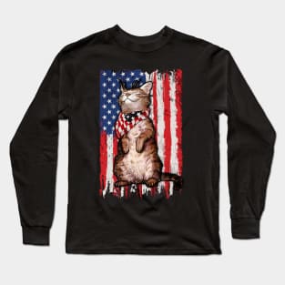 Red White Blue Cats USA Flag Firework 4th Of July Shirt Long Sleeve T-Shirt